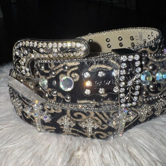 BHW Genuine Leather Cross Rhinestone Western Cowgirl Bling Belt Size large nwot main image 5